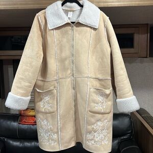 Boho Faux Suede Jacket Coat Zip Up Embroidery detail Womens Size 1X